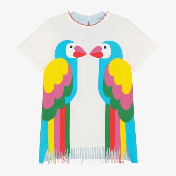 STELLA MCCARTNEY KIDS GIRLS IVORY COTTON PARROT FRINGE HEM DRESS size 4 - Picture 1 of 6